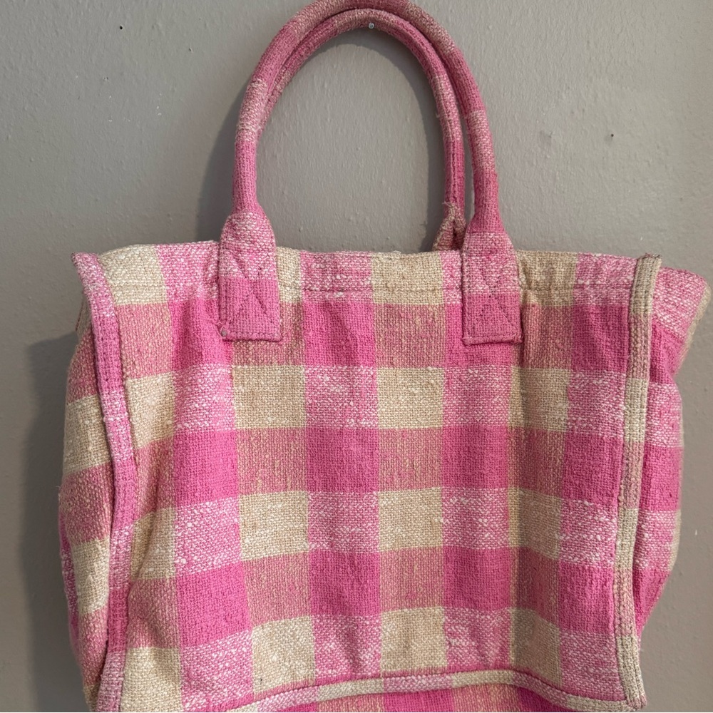 $450 SANDRO Kasbah gingham print cotton‎ tote bag shoulder bag pink cream white - Picture 9 of 10